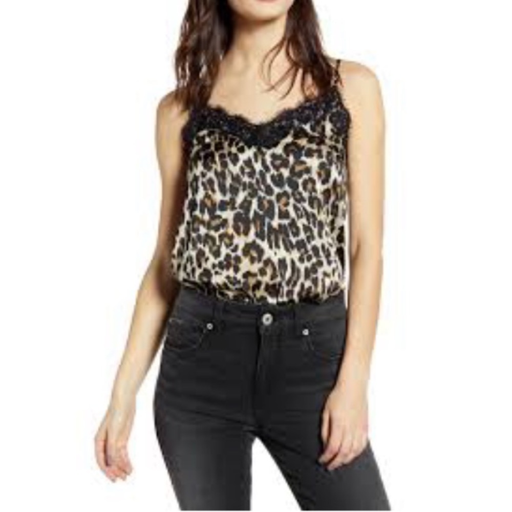 BP. Sleeveless Leopard Print Lace Trim Cami Tank